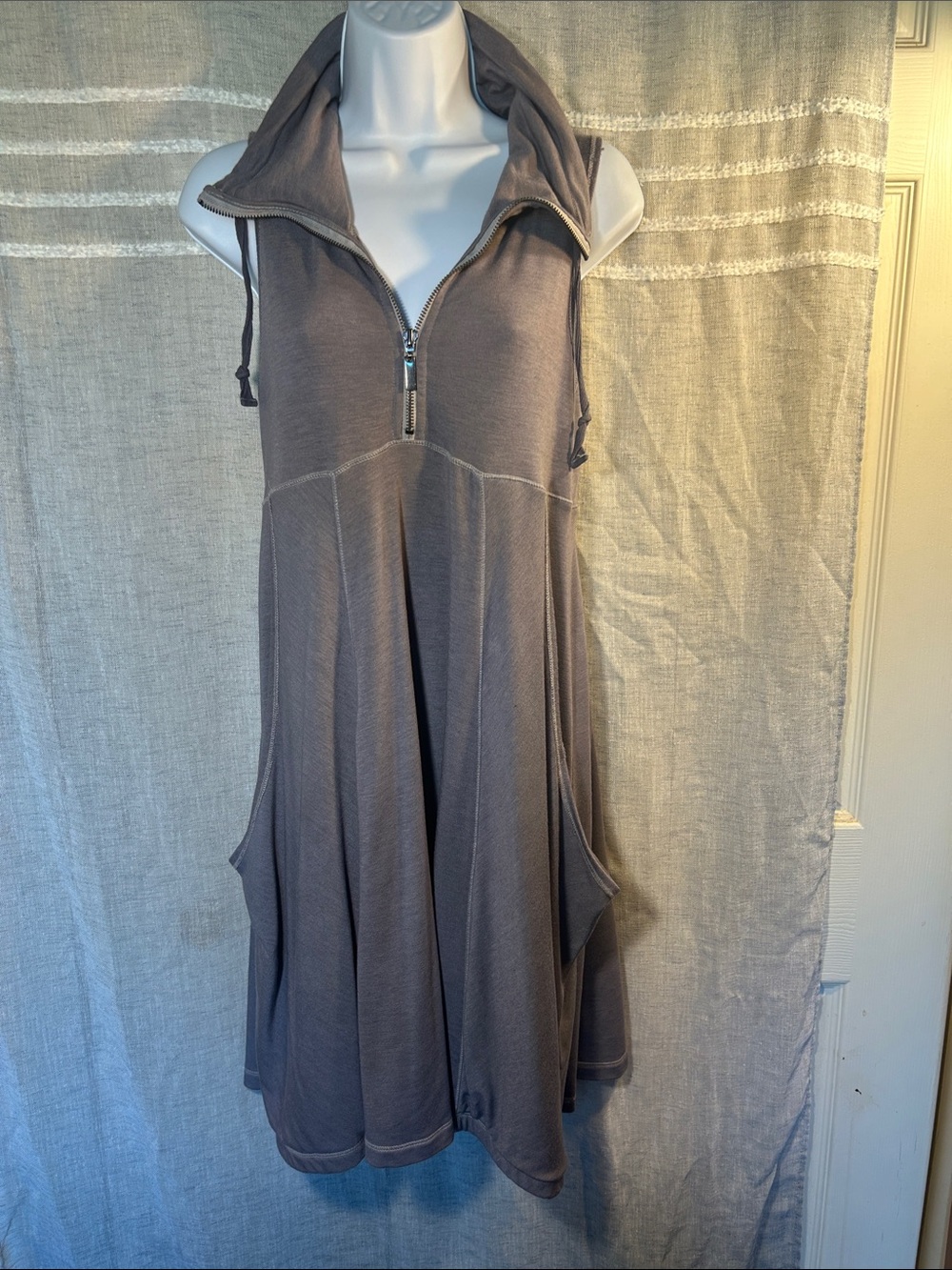 French Terry Sleeveless Mini Dress with Zipper in Grey Taupe